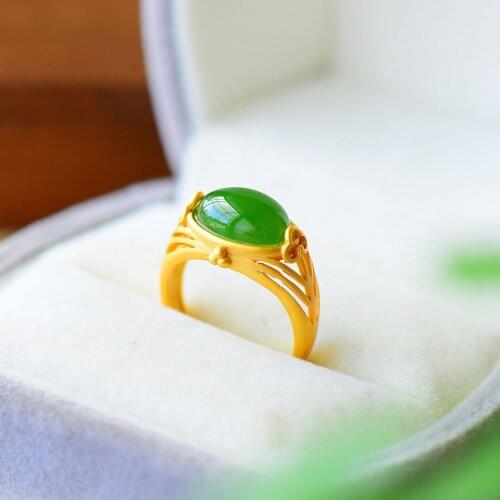 S925 Sterling Silver Inlaid Hetian Jade Green Jade Ring Retro Style Design Moisturizing Green Open Mouth Ancient Style Silver Ri
