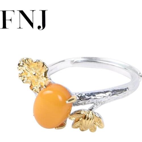 FNJ Natural Amber Lotus Flower Ring 925 Silver New Original S925 Sterling Silver Rings for Women Jewelry Adjustable size