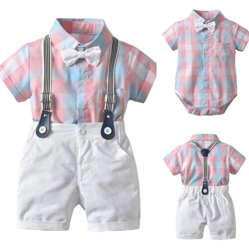 2020-05-07 Lioraitiin 0-4Years Toddler 2pcs Toddler Baby Boy Gentleman Outfit Clothes Pink Plaid Short Sleeve Romper Top+Shorts