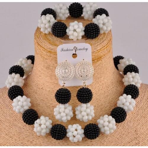Black and White Ball Beaded African Jewelry Set Nigerian Choker Necklace Bridal Wedding Costume Jewelry Set