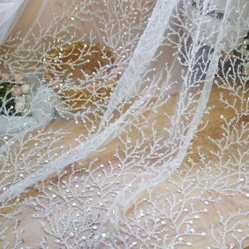 Heavy Beaded Ecru Lace Fabric Silver Sequins Glitter fabric for wedding dress/evening/show dress lace fabric 49.2'' Width