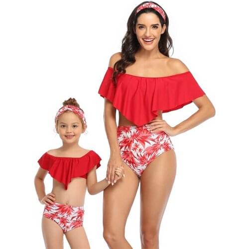 2Pcs Mother Daughter Matching Swimwear Flounce Strapless Backless Tops + Leaf Print Pantie Swimwear for Girls 2 Piece Swimsuit