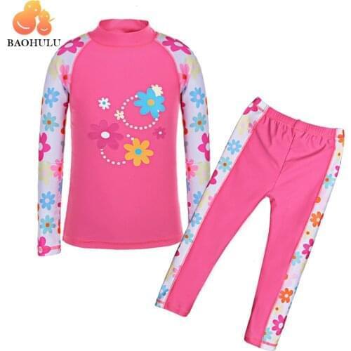 BAOHULU Long Sleeves (UPF50+) Girls Swimwear Children Swimming suits 2pcs set Floral Swimsuit Kids Teens Bathing Suit Beachwear