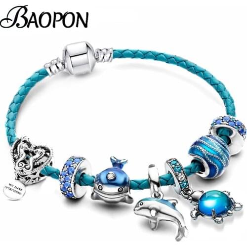 Summer Style Dolphin Tortoise Beads Bracelets With Blue Leather Chain Charm Bracelet Bangles For Women Girlfriend Jewelry Gift