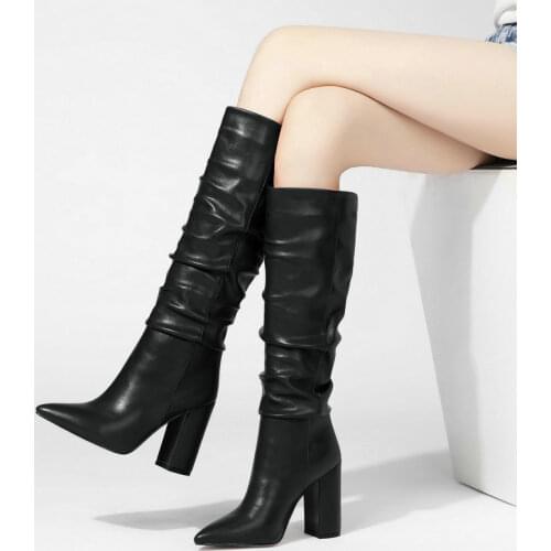 Slouchy Boots Women Fashion Chunky Heel Knee High Boots Women Fashion Pointed Toe Fold Boots Woman Thick Heel Winter Shoes 2020