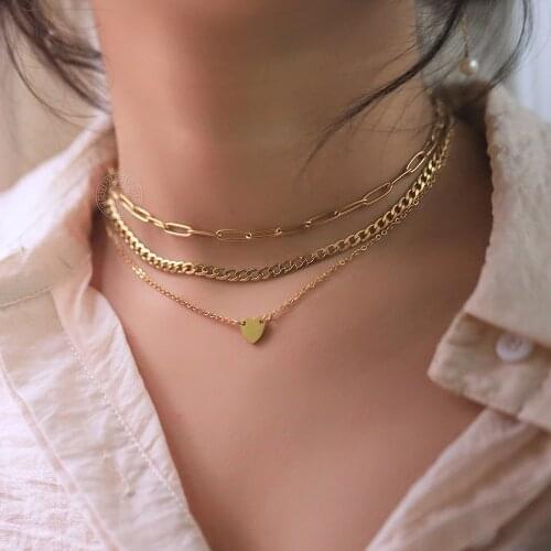 Multi-layered Necklace For Women Gold Heart Love Charm Stainless Steel Paperclip Cable Cuban Link Chain Jewelry Wholesale LDN294