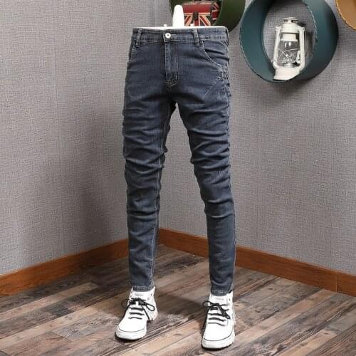 Korean Style Fashion Men Jeans Retro Gray Elastic Slim Fit Scratch Designer Ripped Jeans Men Vintage Denim Punk Pencil Pants