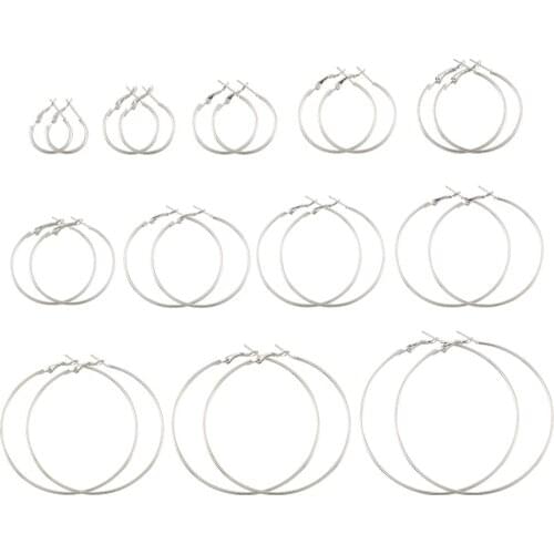 12 Pairs Silver Color Iron Hoop Earrings Set Big Circle Earring Jewelry for Women Girls Ear Ring Korean Earrings