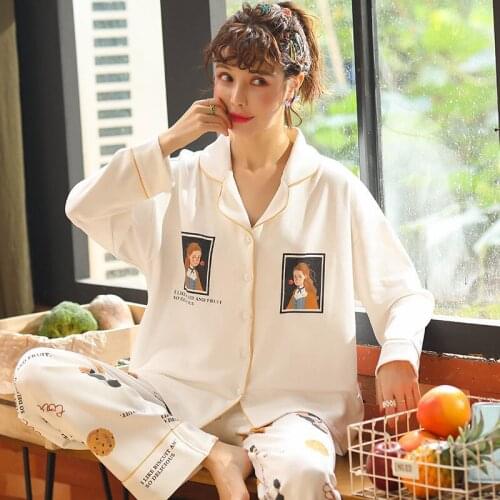 New Home Wear Long Sleeve Cotton Autumn Winter Sleepwear Casual Sleep Set 2PCS Nightwear Cute Babydoll Pajamas Pyjamas Suit