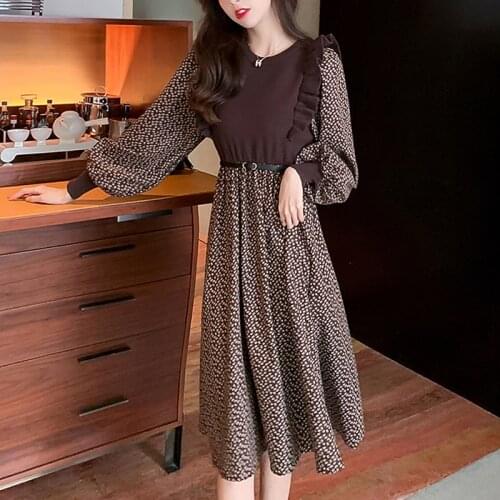 2021 Autumn Winter Puff Sleeve Sweater Dress Women Floral Patchwork Ruffles Knitted Long Dress Plus Size Fake Two Piece Dresses