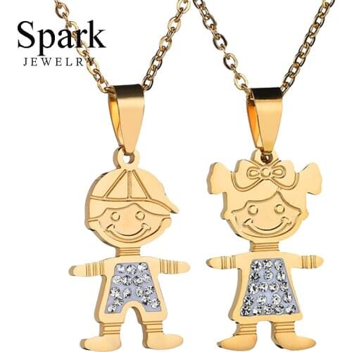 Fashion Rhinestone Boy Girl Family Necklace For Women Lovely Stainless Steel Figure Son daughter Chain Necklace Jewelry Gift