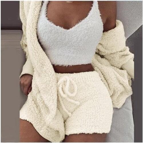 3 Pieces Autumn Winter Women Pajamas Set Sexy Lamb Wool Pajamas Set Leisure Sleepwear Vest Shorts Suit Trousers Homewear
