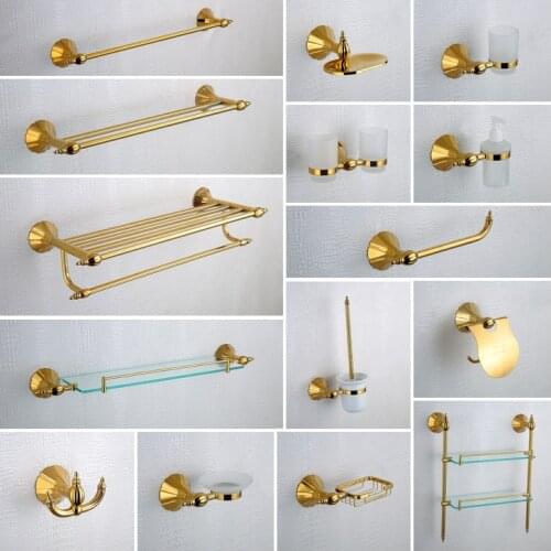 Luxury Brass 15PCS/Set Towel rack Paper holder Toilet brush Soap basket golden bathroom ware Bathroom hardware accessories Set