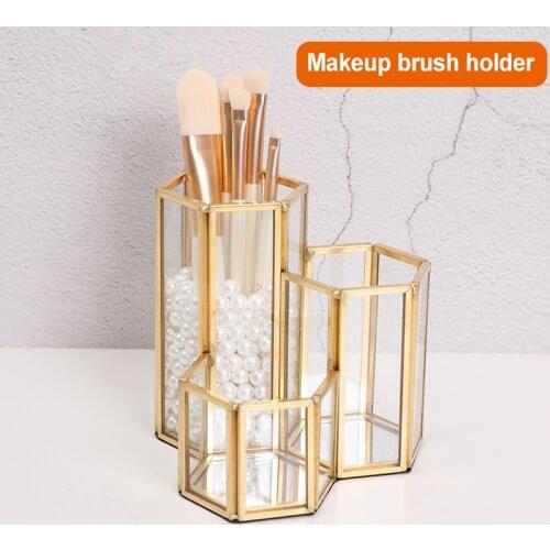 Gold Glass Vanity Organizer Makeup Brush Holder Organizer 3 Tube Copper Vintage Handmade Pen Cosmetic Accessories Box LX