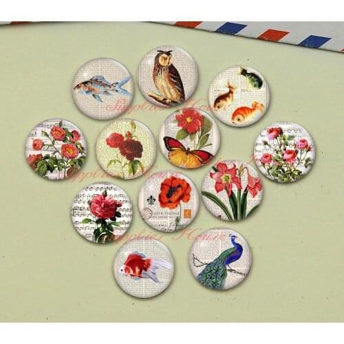 Handmade Round Flower and birds photo glass Cabochons, Jewelry Finding Cameo Pendant Settings, (F035607-10563)