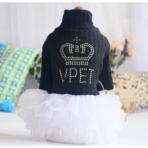 Spring Autumn Dog Clothes Pet Dresses Lace Stand Collar Knitting Cat Skirts Poodle Black Sweet Soft Breathable Cat Clothing