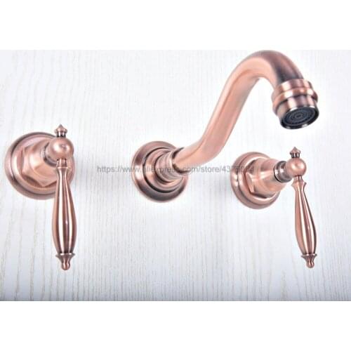 Basin Faucets Wall Mounted Bathroom Sink Basin Mixer Tap Faucet 3 Pcs Antique Red Copper Dual Handle Bathroom Faucet Nsf502