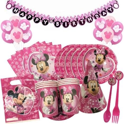 Disney Minnie Mouse Theme Birthday Party Supplies Cup Plate Kids Girl Birthday Party Balloon Decoration Disposable Tableware Set
