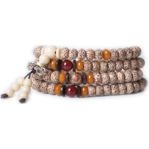 Tibetan Buddhism 108 Star & Moon Bodhi Dzi Agate Beads Mala Necklace
