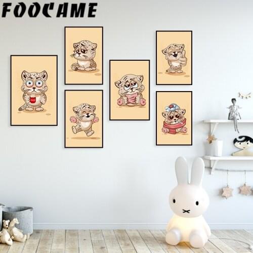 FOOCAME Cat Cartoon Baby Room Decoration Nordic Animal Poster Canvas Painting Nursery Wall Art Childrens Prints Decor Pictures