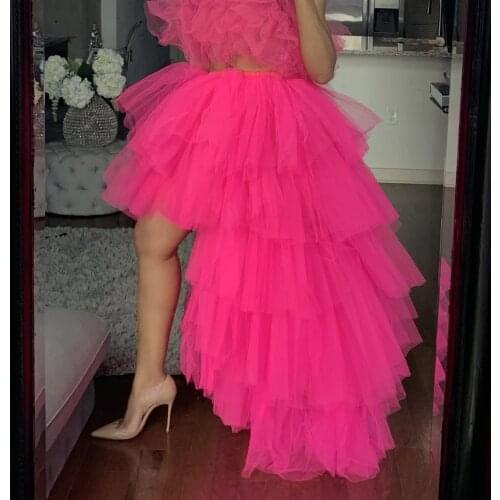 Hot Pink Tulle High Low Skirt for Women Tiered Ruffles Tulle Hi Low Tutu Ball Gown Prom Party Skirt Asymmetrical Maxi Long Skirt