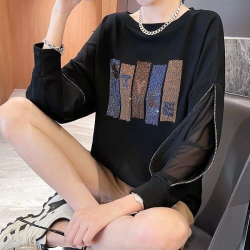 Loose Diamonds Blingbling Women Shirt Long Batwing Sleeve O Neck Streetwear Gazue Patchwork Casual Female Tops Blouse 2021 New