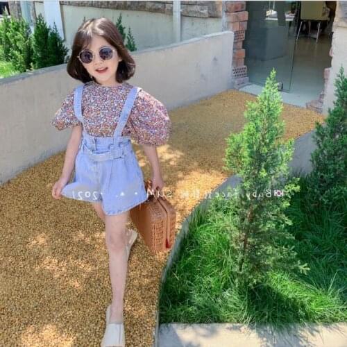 2021 Korea style girls 2 pcs set floral blouse+denim overalls fashion summer girls suit 3-8t B395