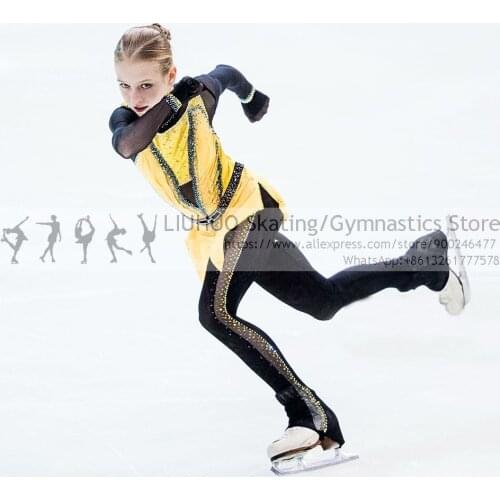 Figure skating uniform Girls Dress Pants Yellow Lycra ballet Jumpsuits Rhythmic Leotard Teens Skating dress dance costume Women