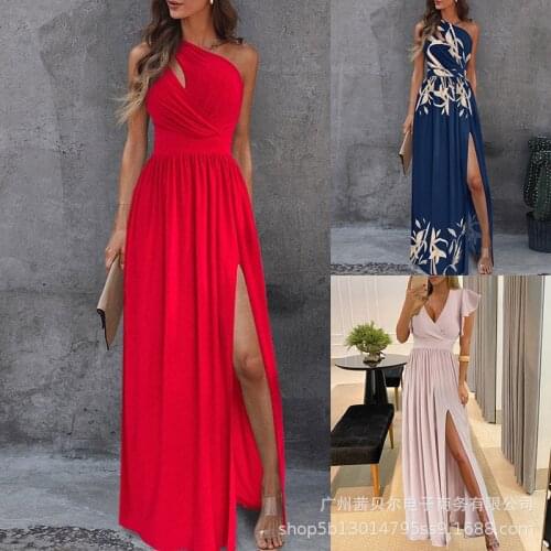 Nowsaa Women Spring Autumn Elegant Evening Red Long Sleeve High Slit Ruched Maxi Dress Sexy Party Shirt Dress Prom Wedding 2021