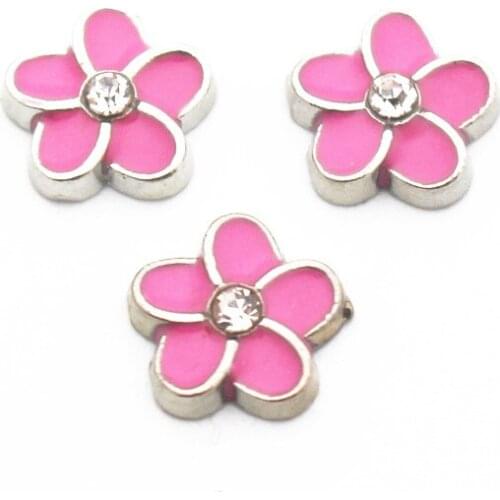 10pcs Metal Enamel Pink Flower Crystal Floating Charms For Living Glass Floating Lockets Pendant Necklace Bracelet DIY Jewelry