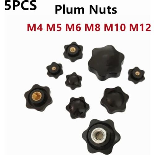5PCS M4 M5 M6 M8 M10 M12 Plum Hand Tighten Nuts Handle Thread Mechanical Black Thumb Nuts Clamping Knob Manual Nuts Perforated