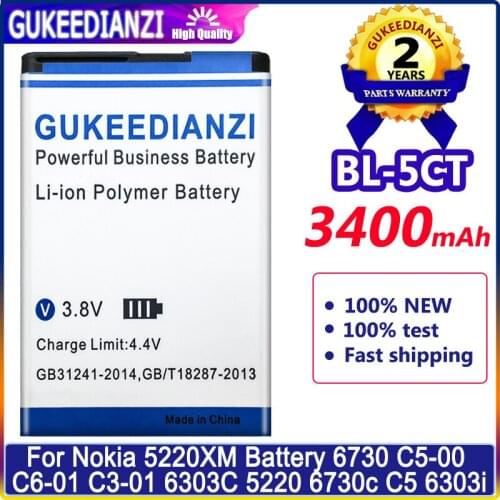 GUKEEDIANZI Battery 3400mAh For Nokia 5220XM 6730 C5-00 C6-01 C3-01 6303C 5220 6730c C5 6303i BL 5CT 6730 Batteries