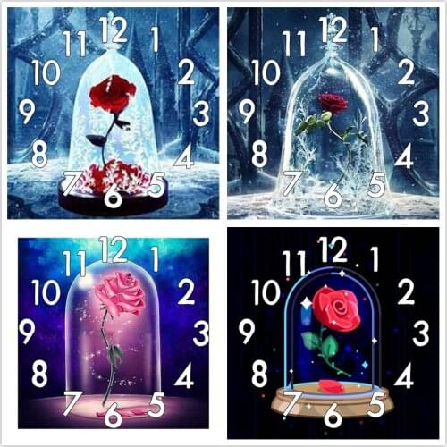 Dpsprue Full Diamond Painting Cross Stitch With Clock Mechanism Mosaic 5D Diy Flower Square Round 3d Embroidery Gift