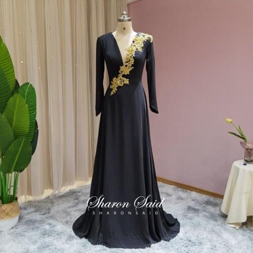 Sharon Said Black Long Sleeve Muslim Evening Dress with Gold Beaded Appliques Elegant Women Dubai Wedding Formal Party Gowns