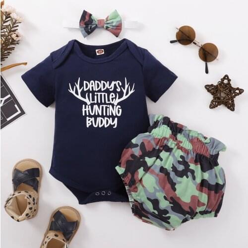 Childrens boys and girls suit letter short-sleeved T-shirt briefs bread crumbs headband camouflage print three-piece suit