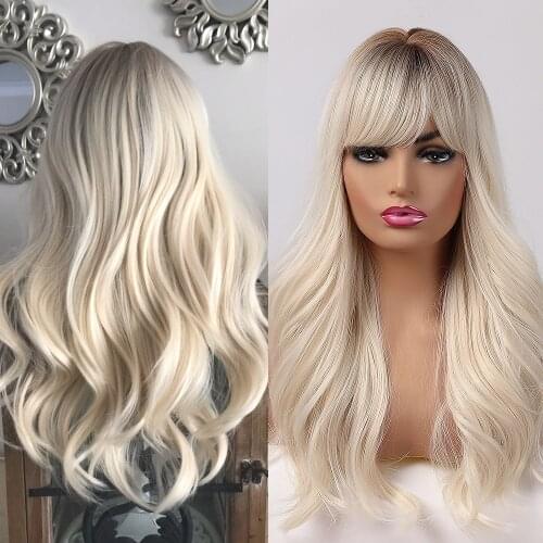 Long Wavy Ombre Brown to Light Blonde Natural Wigs With Bangs Heat Resistant Wigs For Afro Women Cosplay Synthetic Hair Wigs