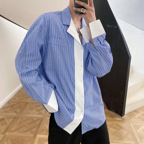 2021 Mens Blue Stripe Hawaiian Shirt Fashion Loose Long Sleeves Camisa Masculina Streetwear Lapel Collar French Cuff Shirts