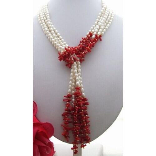 Hot sale hot sell new ->>3Strds 50" White Pearl&Coral Necklace