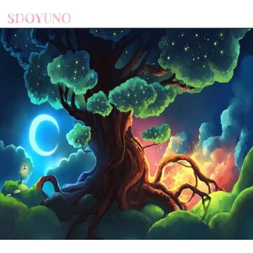 SDOYUNO oil painting by numbers for adult fairy tale tree landscape acrylic art supplies paints for wall art painting home decor