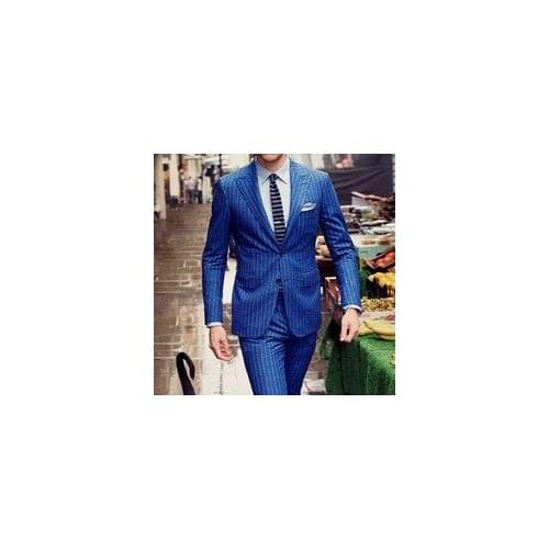Mens Chalk Stripe Suit Custom Made Royal Blue Mens Striped Suit Tailored Single Breasted Chalk Striped Men Suit Peak Lapel