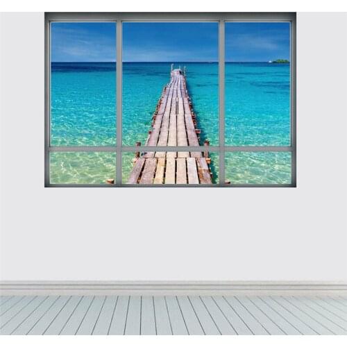 3D Window Wall Sticker Home Decor Sea Beach Coconut Tree Wood Bridge Removable Vinyl Decal Landscape Wallpaper Modern Decoration