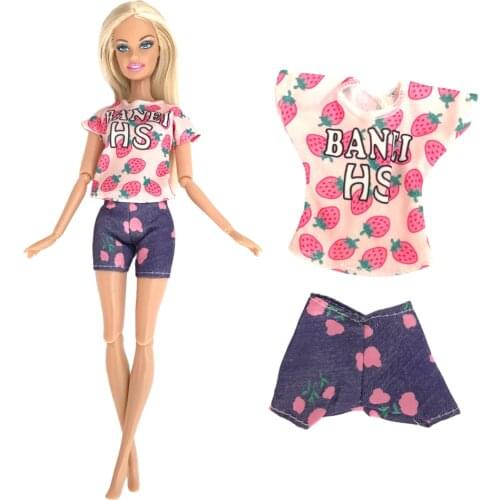 NK 1 Pcs Fashion Fruit Pattern Clothes For Barbie Doll Pink Shirt Casual Wear Pants For 1/6 Doll Outfits Accessories Kid Toy