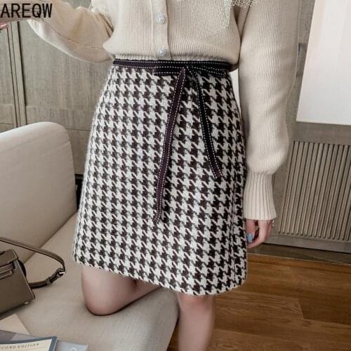 Skirt Womens Autumn and Winter New Retro Houndstooth Woolen A- Line Tweed Skirt College Style