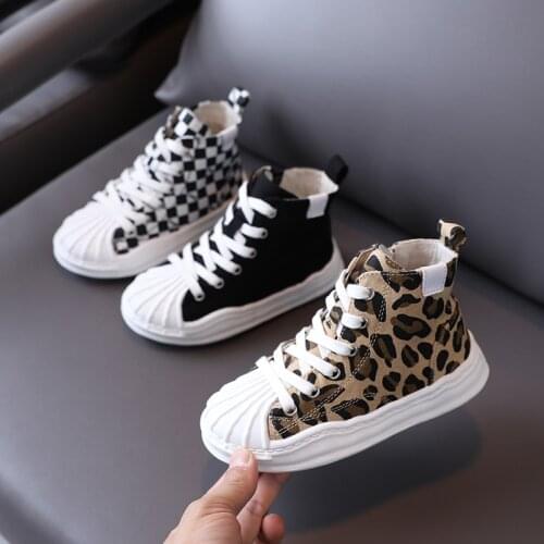 Autumn 2021 new childrens high-top canvas shoes, leopard print casual shoes, shell-toe boys and girls shoes