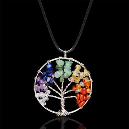 Wholesale 7 Chakra Crystal Pendant Necklace Natural Yoga Tree of Life Healing Quartz Stone Jewelry Women Gift + Leather Chain