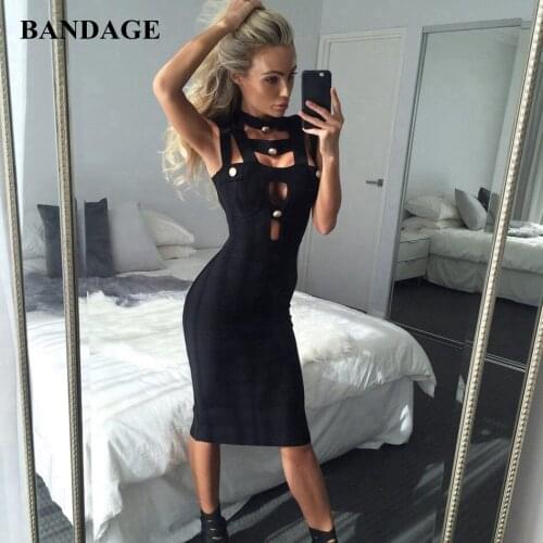 Women Sexy Hollow Out Bandage Dress Sheath Metal Button Red Black Midi Dresses Celebrity Party Club Elegant Vestidos