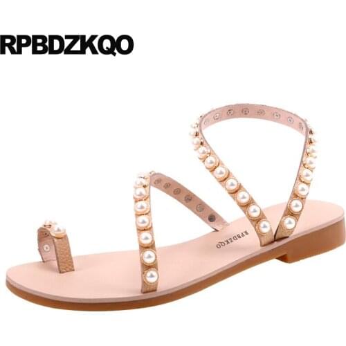 Beach toe ring plus size shoes pearl women sandals flat casual summer embellished big slip on strappy slingback elegant female