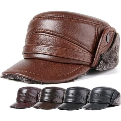 Natural Genuine Leather Caps For Men Winter Bomber Hats Fur Warm Earmuff Hat Mens Anti-cold Brands Cowhide Leather Cap New