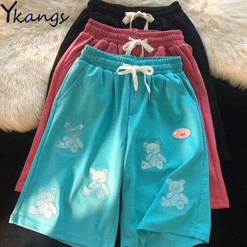 Womens Cartoon Casual Elastic High Waist Fashion Shorts Bear Appliques Beach Ulzzang Kawaii Hot Pants Biker Capri Shorts Female