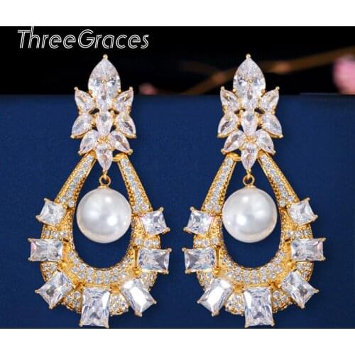 ThreeGraces Luxury Indian Gold Color Cubic Zirconia Big Long Dangling Pearl Drop Earrings Wedding Party Jewelry for Women ER355